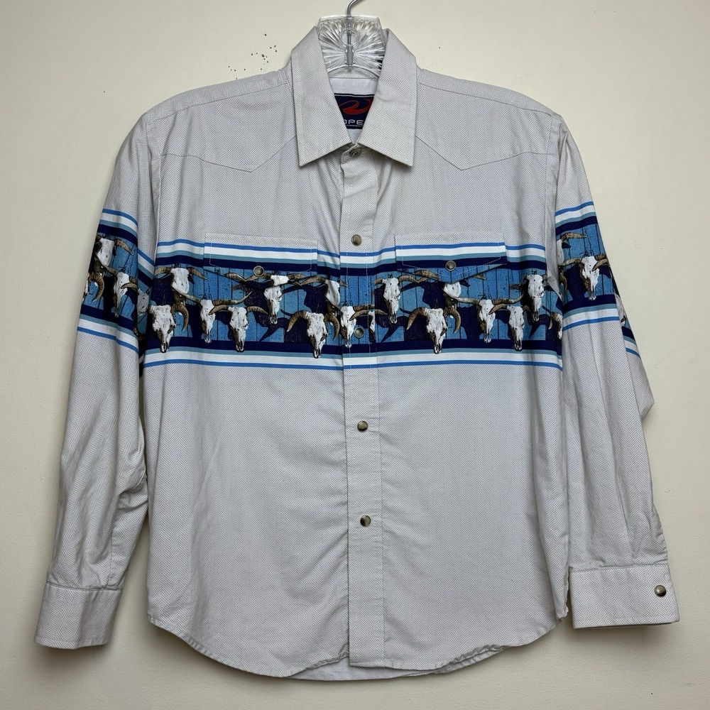 Vintage Roper Western Shirt Boys Size M (8) Grey Blue Cow Skull Print Pearl Snap
